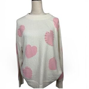 Pink Heart pearl embellished Sweater by Kate & Sam for Cracker Barrel size Lg